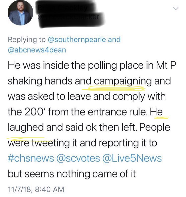Witnesses tweet what they saw. Even the reporters seem to think this is okay?  Not just the candidate though but even the Charleston County Democrats!
