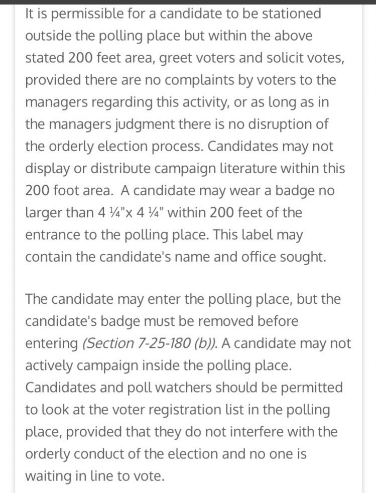 SC law. “Candidate may not actively campaign inside the polling place.”“....or promise of money or other article of value.”You decide, water and snacks articles of value?