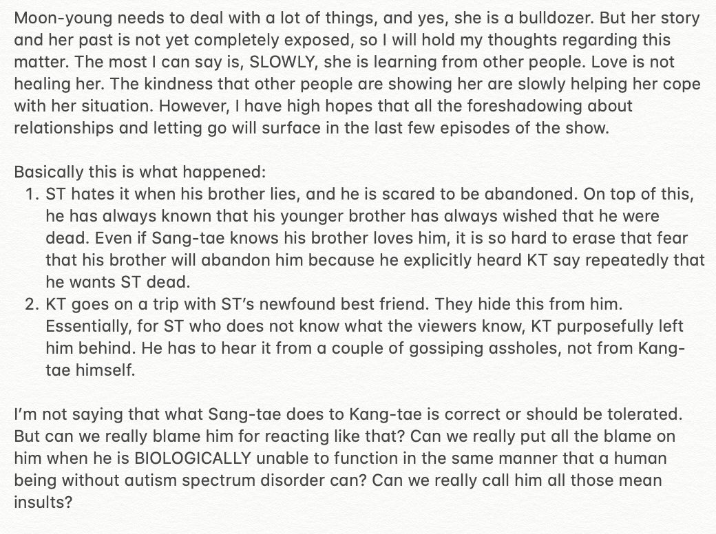 thewarmdemon's tweet photo. #itsokaytonotbeokay as a healing drama:
It is not even asking us to like the characters. It is not asking us to approve of their actions. The most it is asking is for us to push the limits of our empathy, so we can understand where these characters are coming from. https://t.co/2gLObvWClS