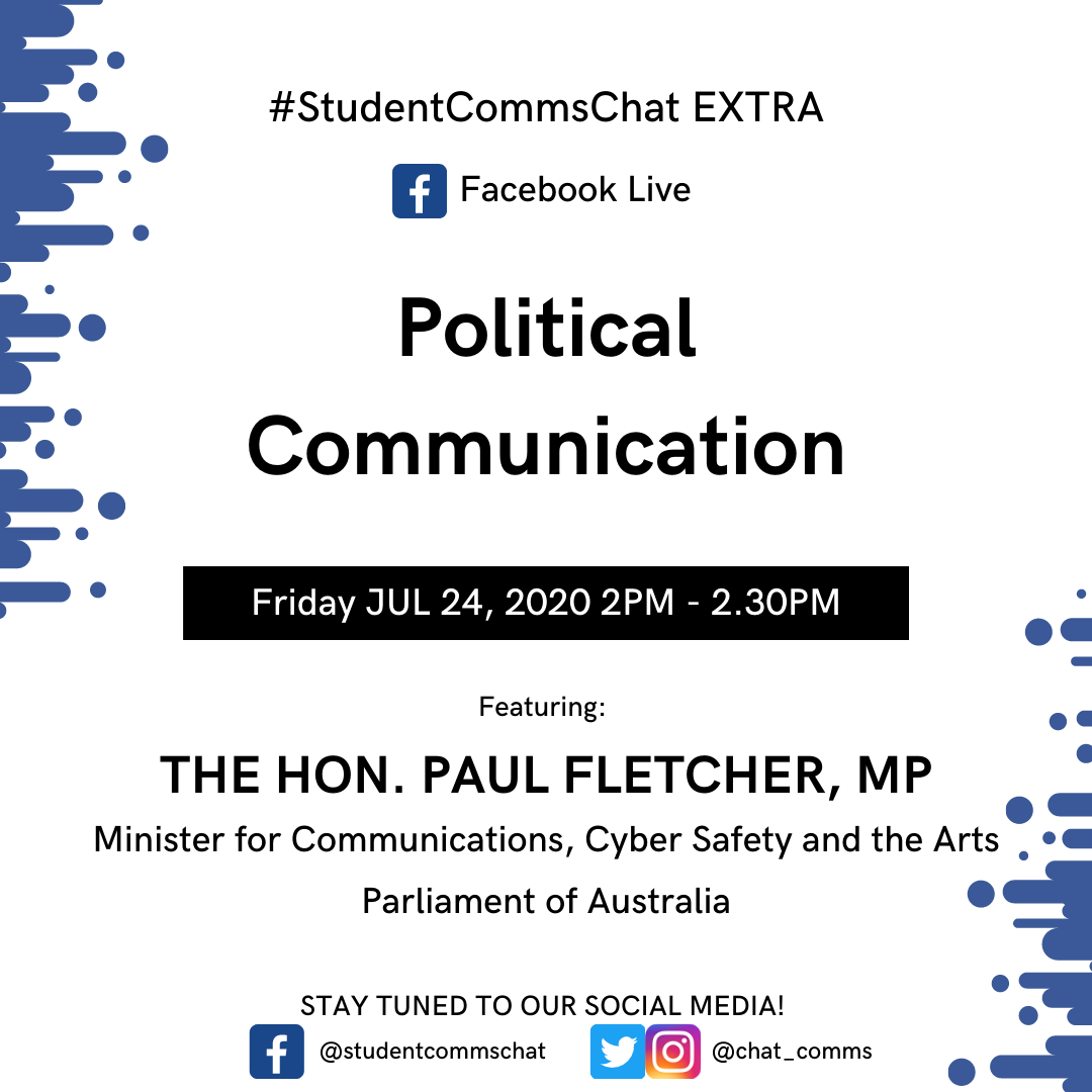 chat_comms's tweet photo. We have a really big guest coming up this Friday! We are thrilled to announce that the Minister for Communication, Cyber Safety and the Arts will be chatting with us about political communication. Will you be joining us? #StudentCommsChat https://t.co/Ir6ofOpZth