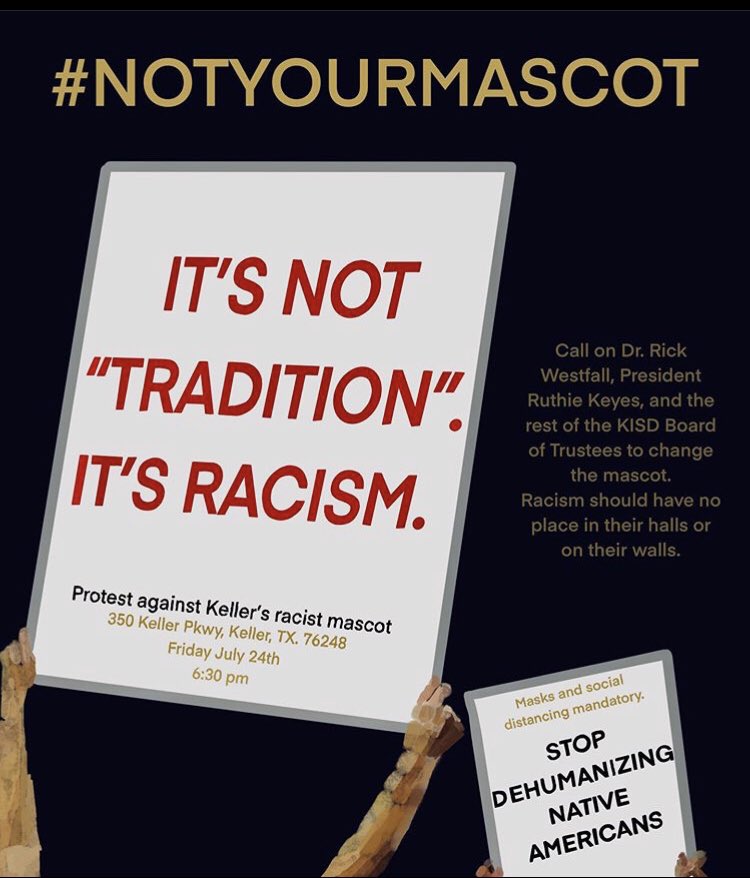 amazonerin's tweet photo. Keller Protest this Friday! July 24tj 6:30pm #NotYourMascot #ChangeIsOverdue #ItsRacism #IdentitiesArentMascots https://t.co/HPDjuuWOZq