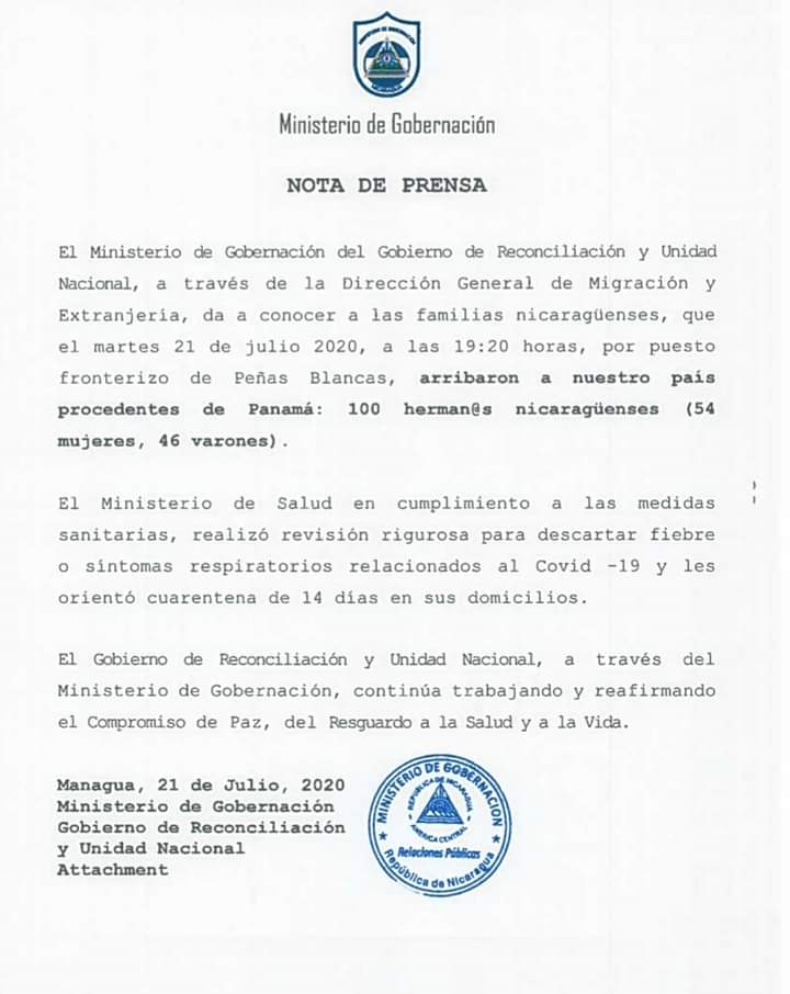 TaniaEl19's tweet photo. Ingresan a Nicaragua 100 connacionales procedentes de Panamá
#Redfs
#COVID19 https://t.co/v3YgWxpofx