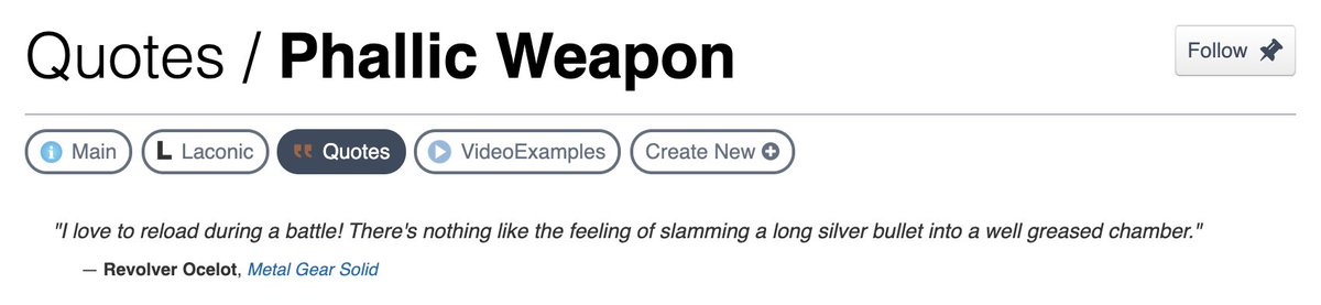 androphonos_'s tweet photo. ocelot is the first thing on the “Phallic Weapon” quote page of TV tropes https://t.co/2yC07CNzFw