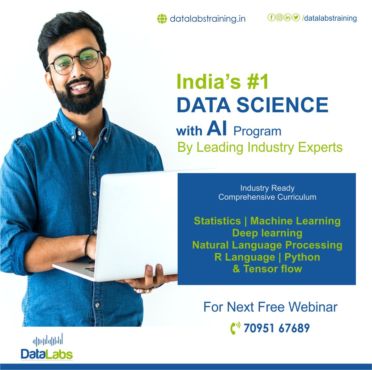 DataLabTraining's tweet image. 👉🏼Be The First 0f The Lot To Achieve Your Dreams!
👉🏼Data Labs trains you to be industry-ready with hands-on experience which includes project assignments.
👉🏼You can register for our next Free Webinar; We're just a call away!
📞+91-70951 67689
📩 datalabs.training@gmail.com