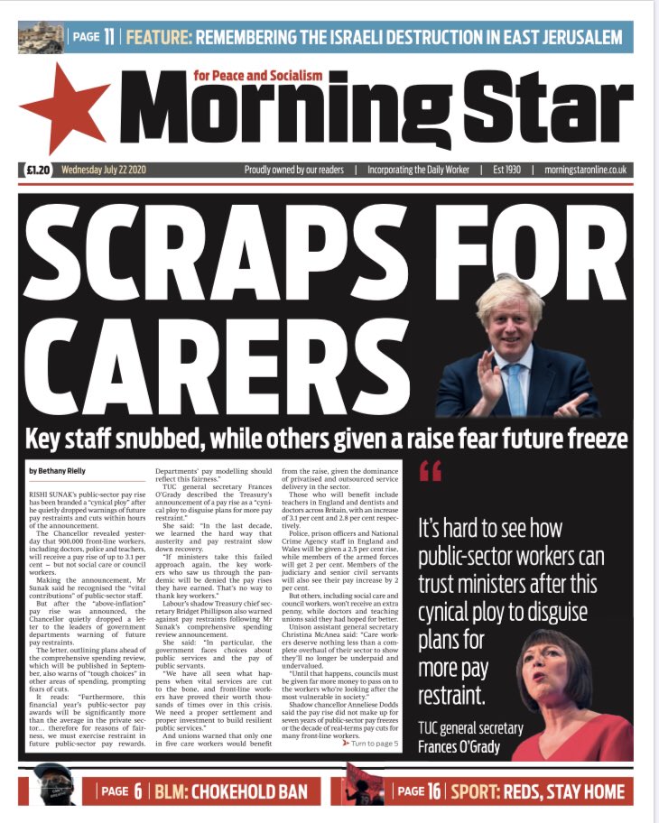 #MorningStarDaily front page : Scraps for carers - Key staff snubbed while others given a raise fear future freeze #careworkers #publicsectorpay @Labour4S @M_Star_Online