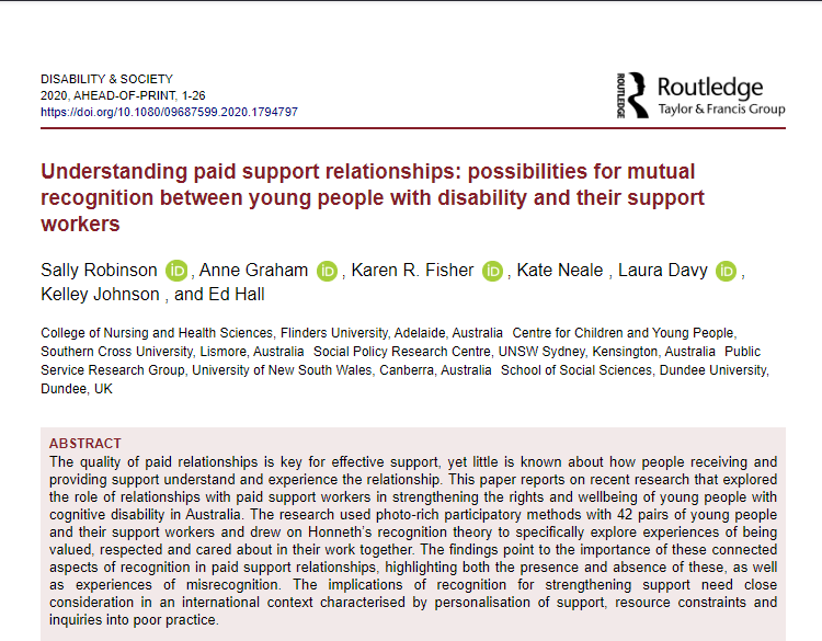 Sally Robinson (@salrob310) on Twitter photo Happy to see this one reach daylight after a long time in the writing:
Understanding support relationships:possibilities for mutual recognition between young people with disability & their support workers
Open access
<a href="/KarenRFisher/">Karen Fisher</a> <a href="/LauraKDavy/">Laura Davy</a> <a href="/drkateneale/">Dr Kate Neale</a>
tandfonline.com/doi/epub/10.10… Happy to see this one reach daylight after a long time in the writing:
Understanding support relationships:possibilities for mutual recognition between young people with disability & their support workers
Open access
<a href="/KarenRFisher/">Karen Fisher</a> <a href="/LauraKDavy/">Laura Davy</a> <a href="/drkateneale/">Dr Kate Neale</a>
tandfonline.com/doi/epub/10.10…