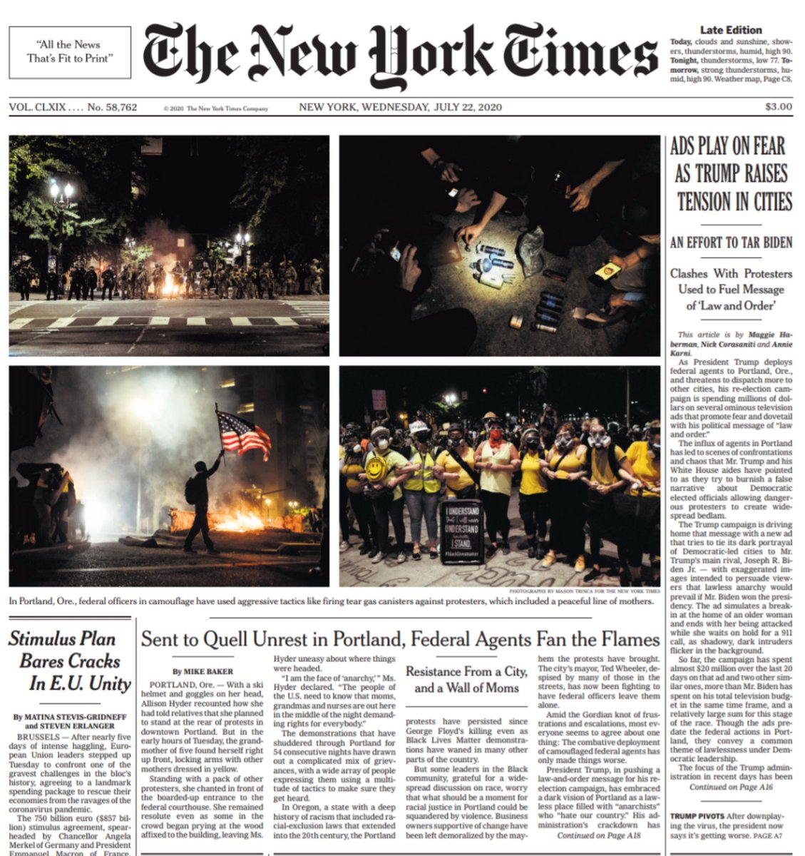 Here's a preview of tomorrow's New York Times front page.Sent to Quell Unrest in Portland, Federal Agents Fan the FlamesStory:  https://www.nytimes.com/2020/07/21/us/portland-protests.html