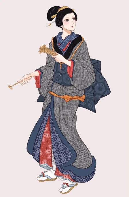 御百度参りに励む若妻。丸髷で鉄漿をつけ、眉は剃ったばかりの青々。手にしている棒は『銭緡(ぜにさし)』で、百回数え間違わないようにお参りする度に1本置くシステム。肩には数珠をかけて、草履は紐で縛り脱げにくくしています。歌川国貞『江戸名所百人美女 堀の内祖師堂』ヨリ #お江戸スタイルブック 