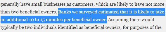 FinCEN responded by saying tough cookies. In its own estimates, it would only take an extra 15 minutes per beneficial owner to open an account. So only an extra hour for a business with four owners + a non-owner control person.