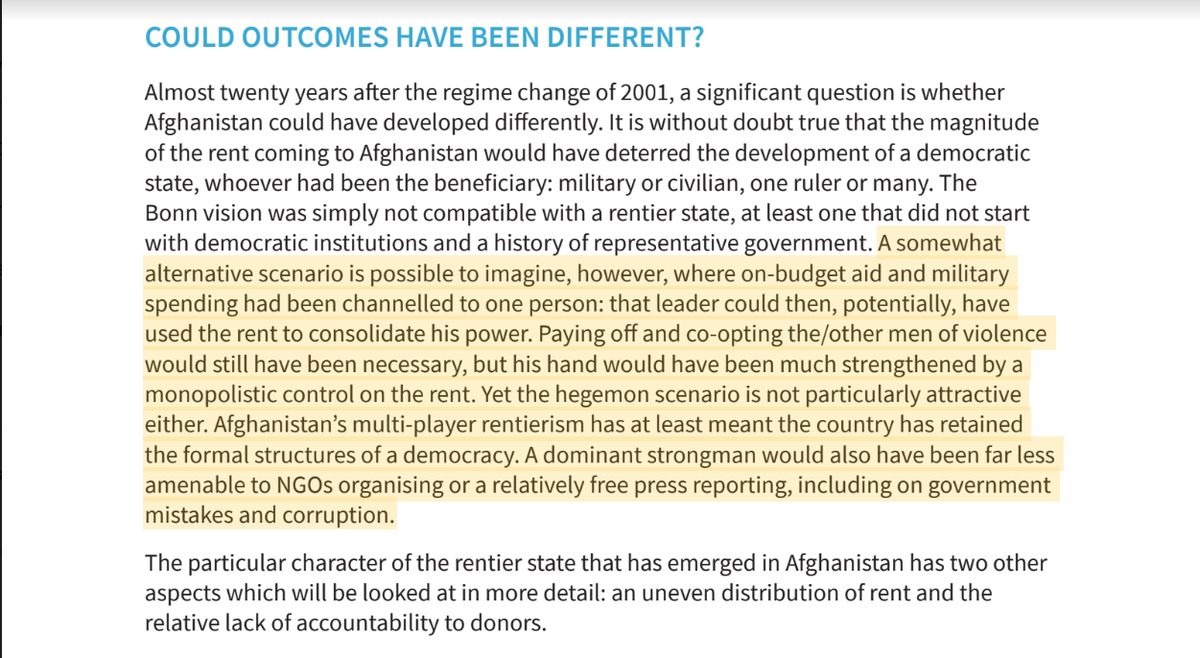 To add a caveat: the question is limited to the context of post-Bonn political order with dependency on aid exacerbating local power cleavages that were the vestiges of a war where divergent actors coalesced around the need to resist a Taliban hell-bent on taking entire country.