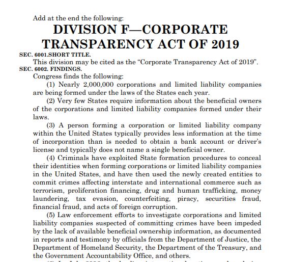 Behold! The Corporate Transparency Act of 2019 (err . . 2020)