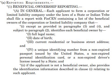 The Act requires private companies to report their beneficial ownership information to the government. Finally mandating sunshine into a well of . . . well who knows -- we've never really looked before!(J/k - we know there's going to be lots of money laundering)