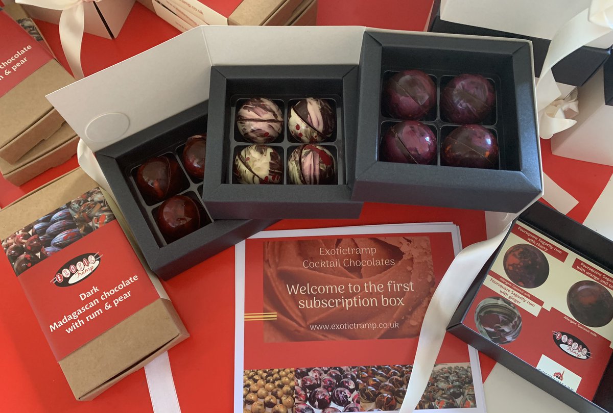 Exotictramp's tweet photo. I am super happy to say the first of the subscription rum chocolate boxes are on their way to my ever so patient wonderful customers! Thank you one and all for supporting me and my business through this tough time! #Foursquare #sagacity #chocolate #rumfun  #vegan #subscriptionbox https://t.co/f7dbiUbjFT