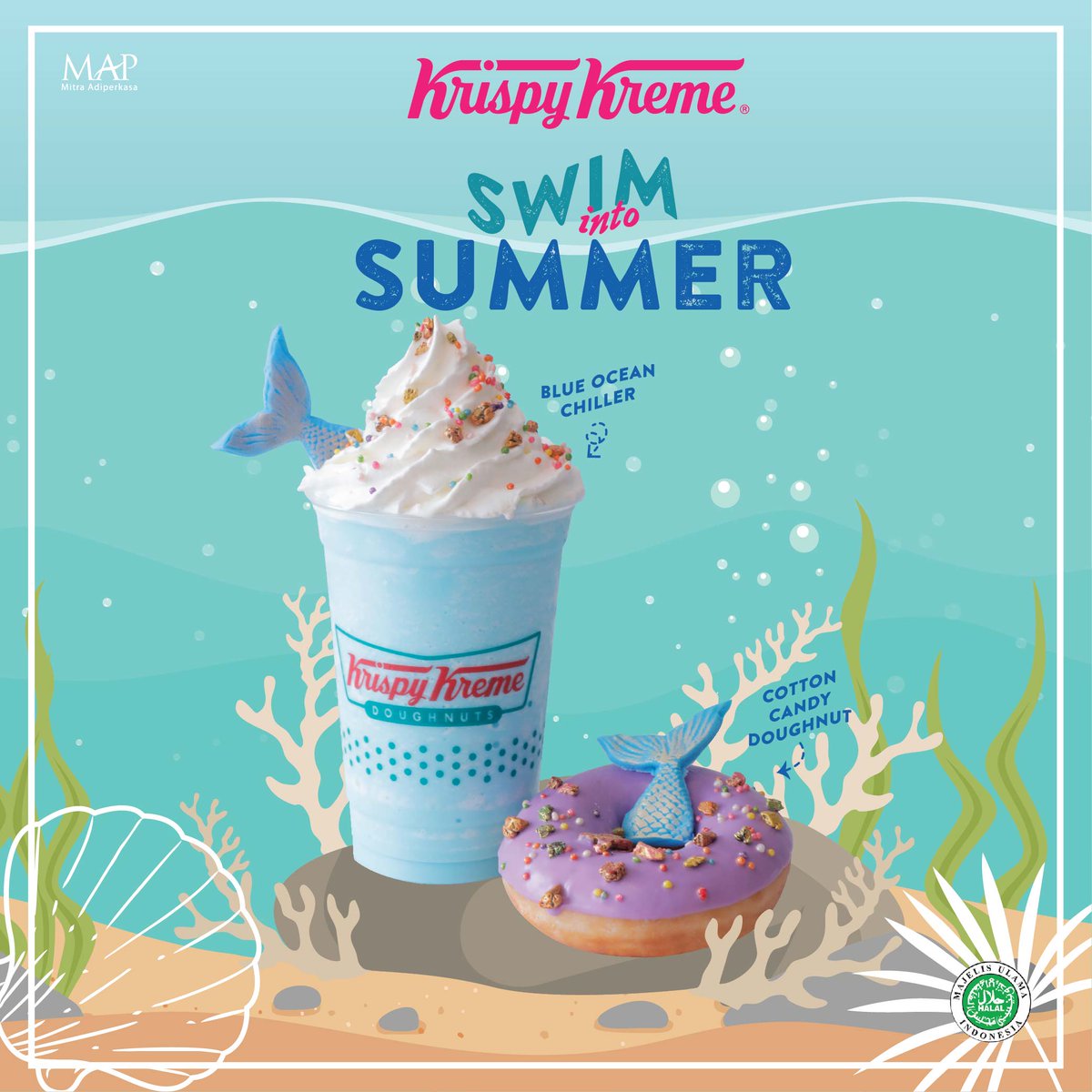 ADA YANG BARU DARI KRISPY KREME! Say hello to our summer series special pairing, Cotton Candy doughnut &amp; Blue Ocean Chiller!