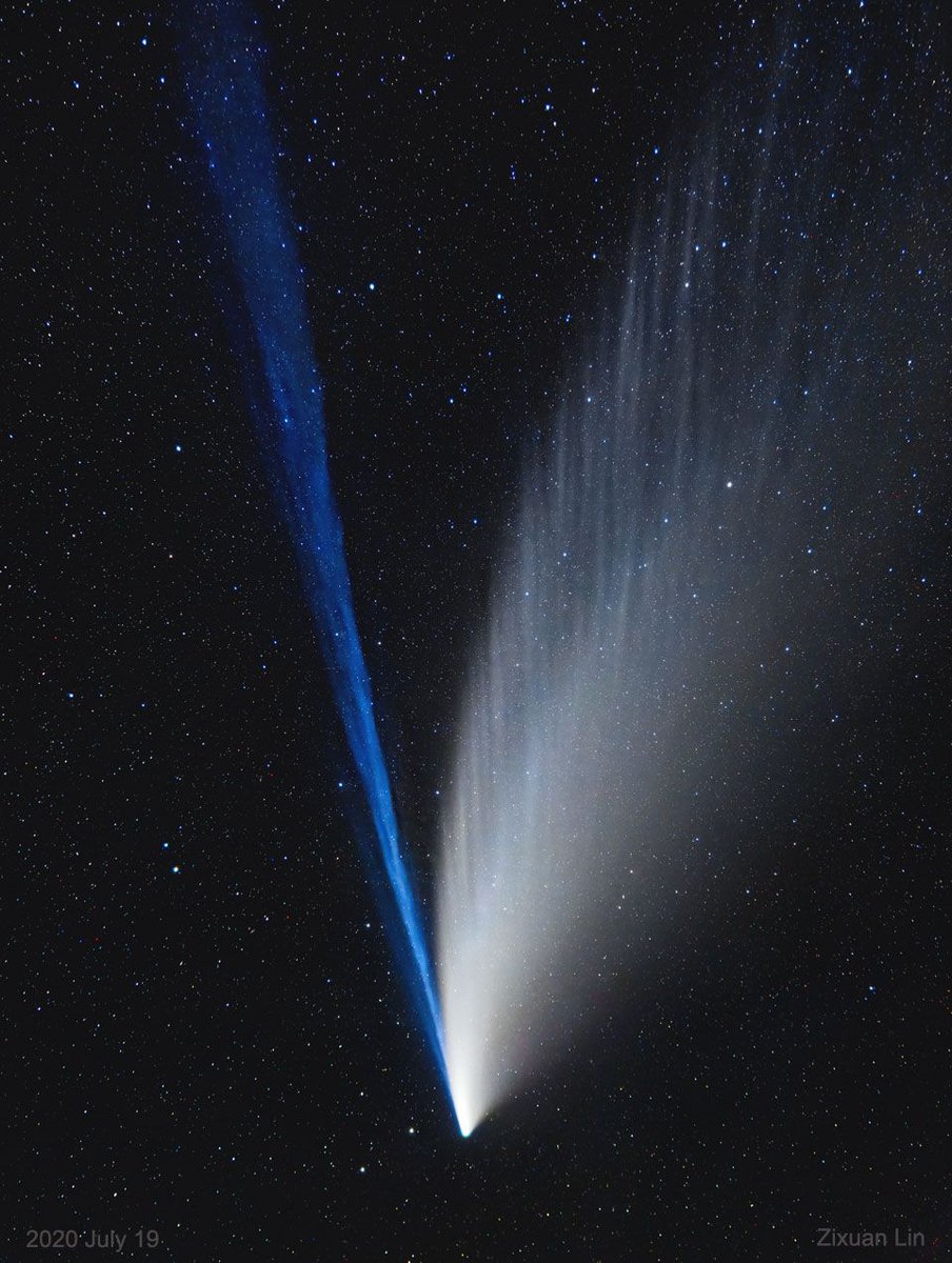 Klein_Universe's tweet photo. This 40-image conglomerate, digitally enhanced, was captured three days ago by Zixuan Lin through the dark skies of the Gobi Desert in Inner Mongolia, China. It shows the magnificence of comet C/2020 F3 (NEOWISE)'s two tails, ions and dust [more: https://t.co/XeTx5uHZ1I] https://t.co/ofwVvKvS2R