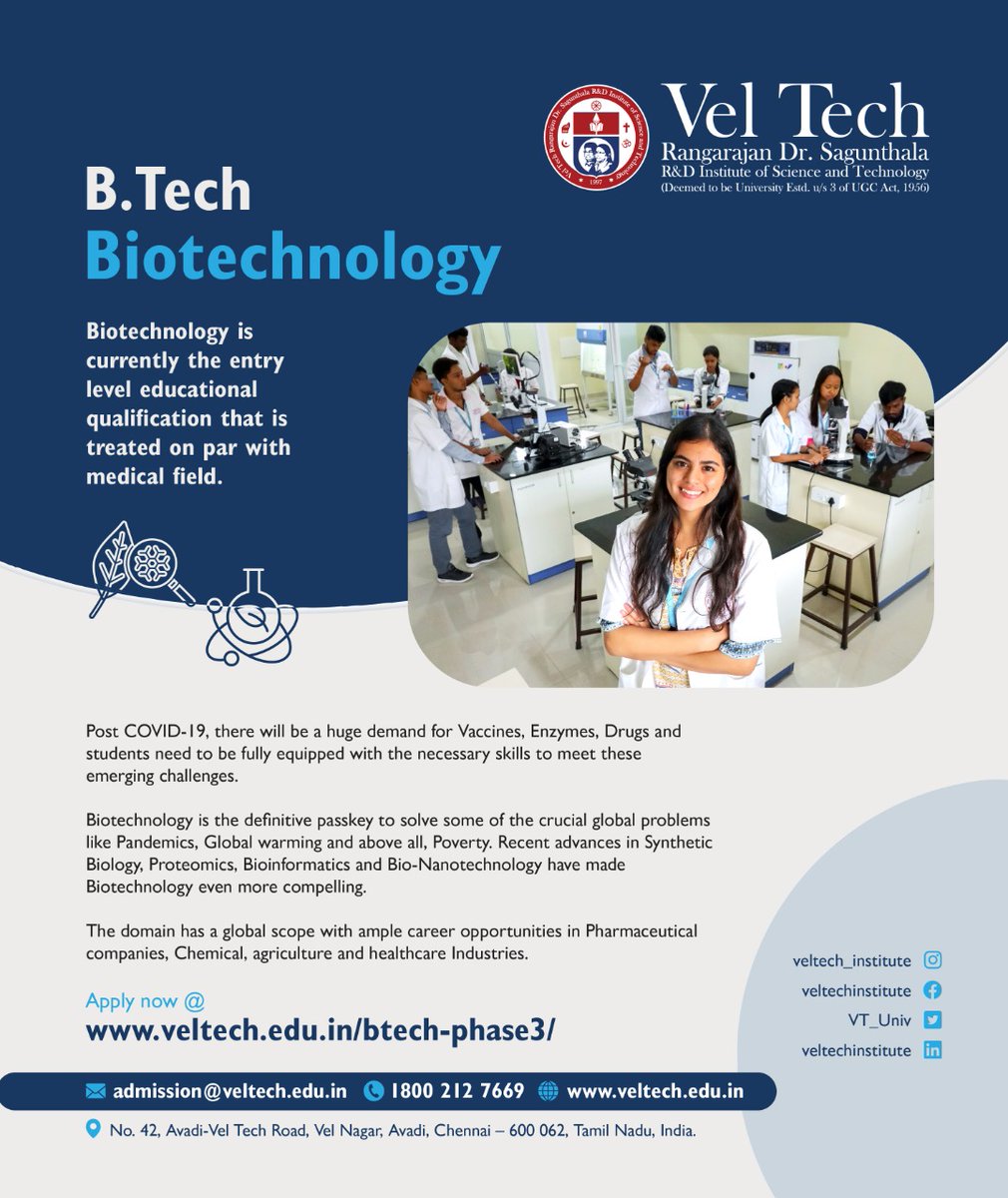 veltechofficial's tweet photo. B. Tech Biotechnology is currently the entry-level educational qualification that is treated on par with the medical field. 
Apply Now: https://t.co/xD3G1D6oEO
#BTechadmission #Biotech #Biotechnology #Collegeadmission #applyonline #admission2020
#medicalfield #Ugprogramme https://t.co/hQSyXh2nX3