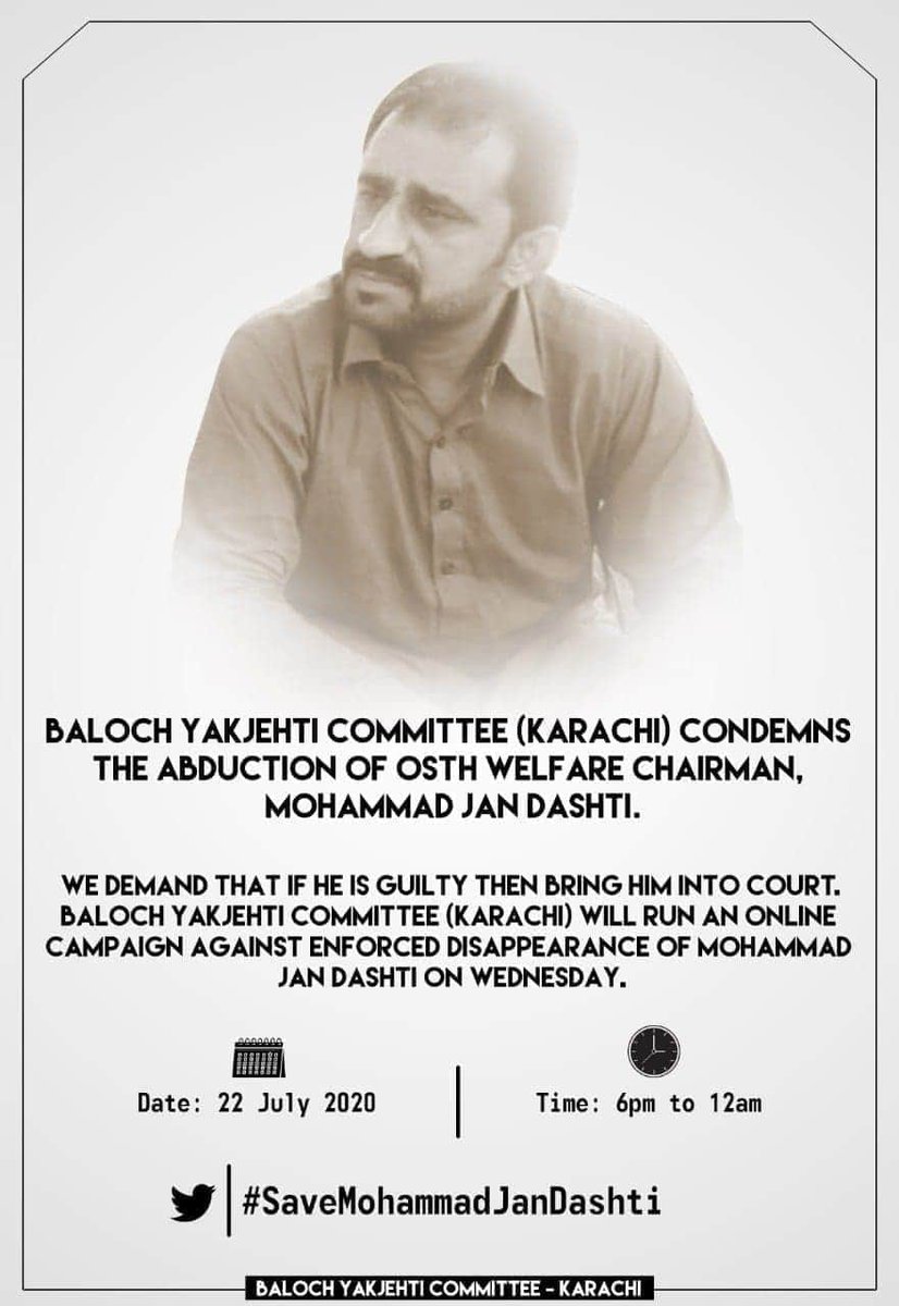 majeed_dashti's tweet photo. Today, #BYCK will run an online campaign against enforced disappearance of Mohammad Jan Dashti. Please be part of the campaign and help us to raise voice for the safe release of him.
Timing: 6 PM to 12 AM
#SaveMohammadJanDashti https://t.co/4XW6lX6OBf