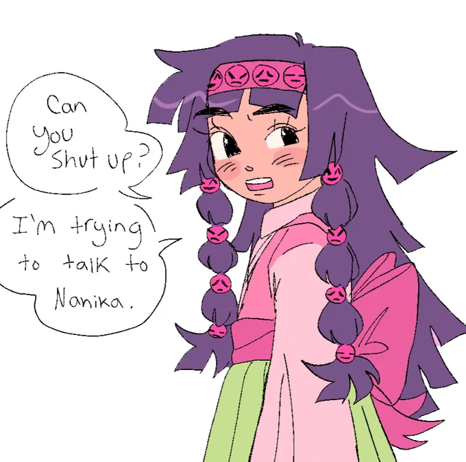yes she is a sweetheart so this is ooc but I think it would be funny if she picked up on her brothers rudeness sometimes while they travel together 