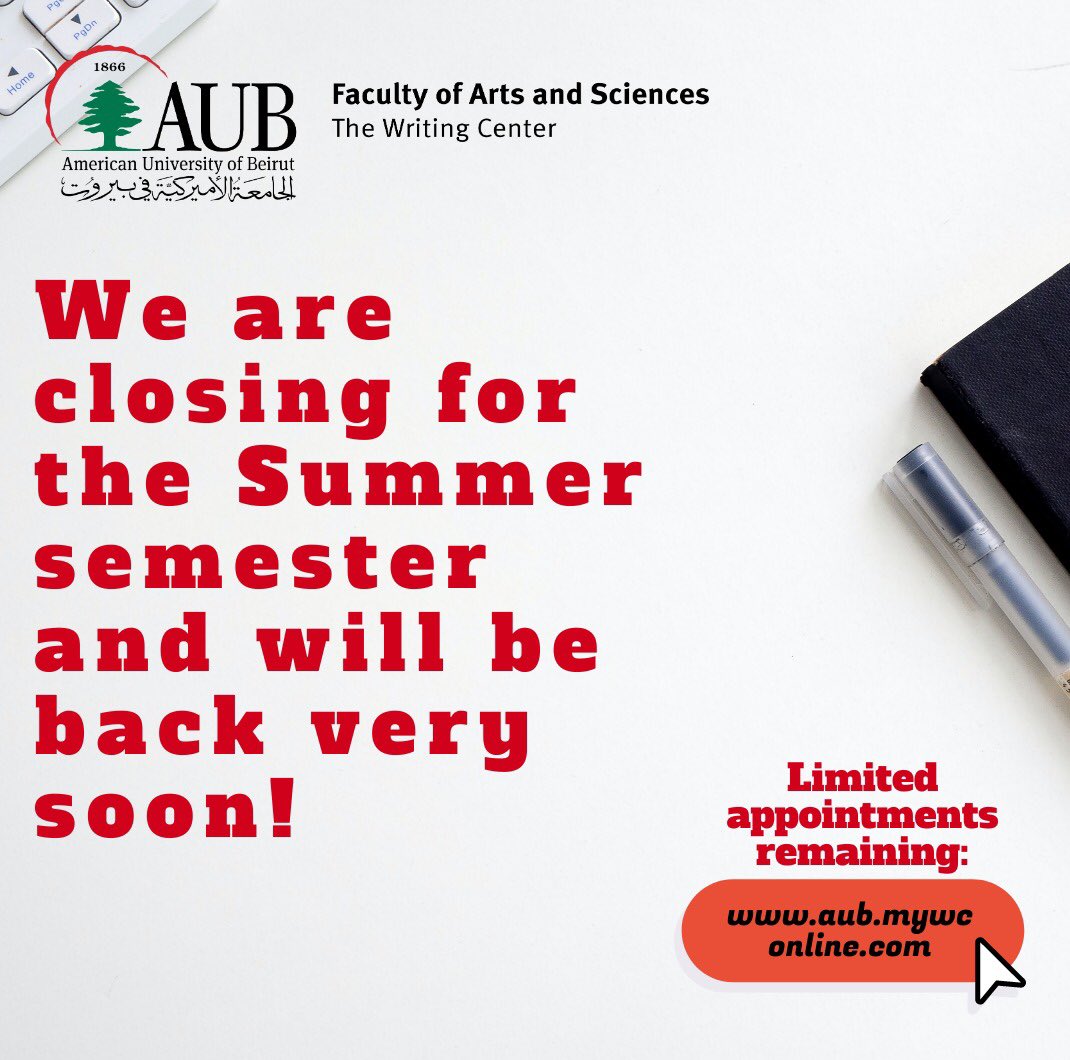 AUBwrites's tweet photo. We’re closing to recharge for the Fall semester💥We have enjoyed the sessions and graduate workshops this Summer semester. We will continue with the weekly tips and fun facts, so keep an eye on our social media pages. 
Keep #writing; Stay #positive; Stay #safe; Keep a #distance❤️ https://t.co/NbgqJ6KIIn