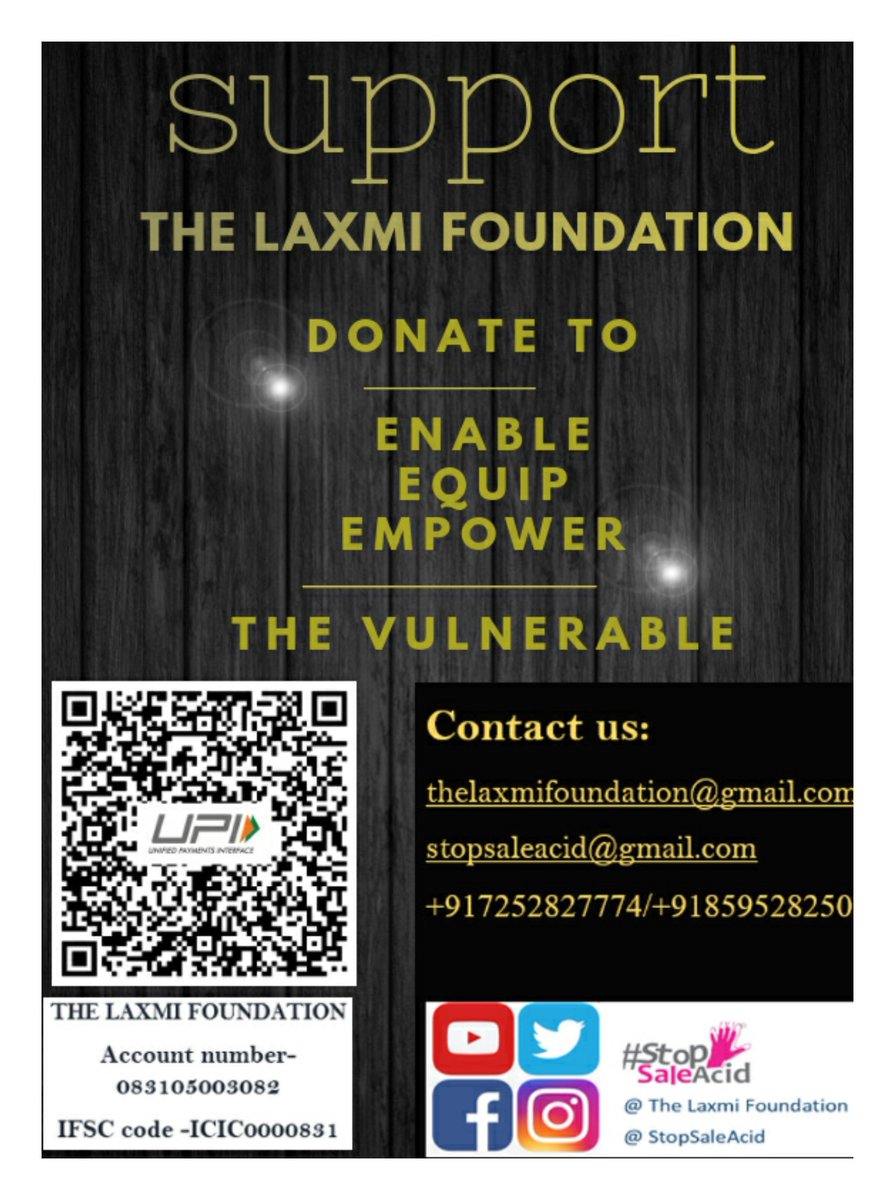 TheLaxmiAgarwal's tweet photo. #NeedShare
Because your support matter!!
Dear all
The Laxmi Foundation is raising funds to help and enable the disabled, for the aid of poor, needy, acid attack survivors, survivors of other crimes, women, children and vulnerable sections of the society. https://t.co/harI5awaJ4