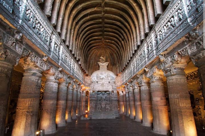 Kailasha Temple - Cave no.16 Largest single monolithic rock excavation in the world. It's one of 34 cave temples & monasteries known collectively as Ellora Caves. -Amazing vaulted interior of rock hewn Cave no.10 Columns are octagonal belongs to 'Vishnukanta' order of pillars.