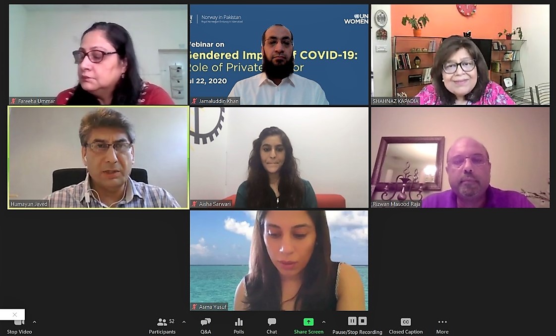 unwomen_pak's tweet photo. Happening now: a meaningful discussion on gendered impact of #COVID19 &amp; role of private sector. Panelists Asma Yusuf, @AishaFSarwari, @HumayunJKhan &amp; Rizwan Masood Raja discussing on how to support women's livelihood, economic security &amp; promote ♀️ entrepreneurship amid pandemic. https://t.co/5ZEk9OlHDf