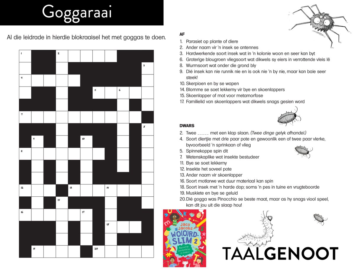 Word speel-speel woordslim met hierdie fantastiese aktiwiteitsboek van <a href="/JacoZombie/">Jaco Jacobs</a>. Wo(o)rdslim 2 bevat 48 bladsye propvol fantastiese vermaak. Hier is een aktiwiteit vir jou en jou kinders om te doen.  bit.ly/woordslim2_gog…
#Afrikaans #boeke #blokraai
<a href="/LAPAUitgewers/">LAPA Uitgewers</a>