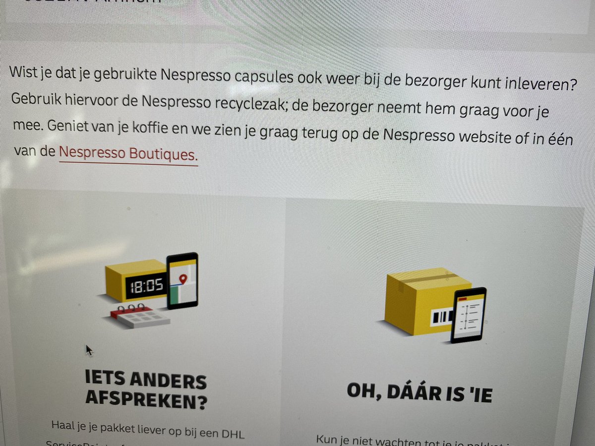 Wij recyclen netjes onze cupjes <a href="/NespressoNL/">Nespresso Nederland</a> maar wat doen we als dhl ze niet mee wilt nemen?