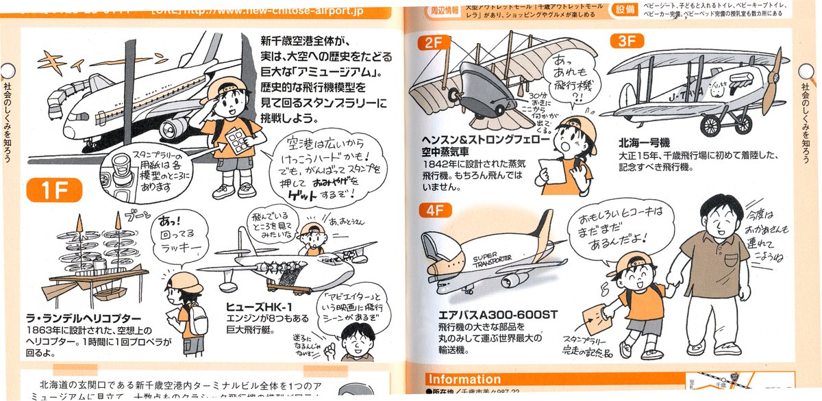本日のヒコーキ。実物大模型があった頃の新千歳空港見学ガイド。色がヘンなのは2色印刷用にスミとマゼンタのみで描いたから。3枚目が完成品。 