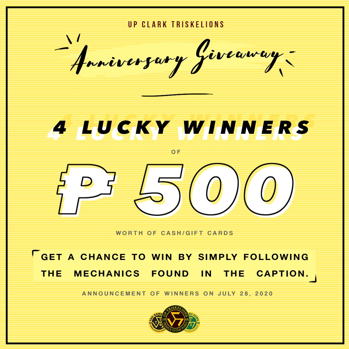 UPClarkTGPTGS's tweet photo. 🖤GIVEAWAY ALERT💛
It's our 34th anniversary and we want to celebrate it with all of you! Get a chance to win either 500 pesos worth of gift cards or 500 pesos in cash (you decide!) 

Check our facebook post for the mechanics. https://t.co/dyUj3keD5D https://t.co/5lwqFnzXch