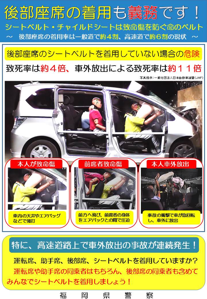Twitter 上的 福岡県警察本部交通企画課 シートベルトは致命傷を防ぐ命のベルト 後部座席でシートベルト 非着用の場合 致死率は約４倍 特に車外放出による致死率は約１１倍に 運転手 助手席はもちろん 後部座席も着用義務があります 大切な命を守るシート