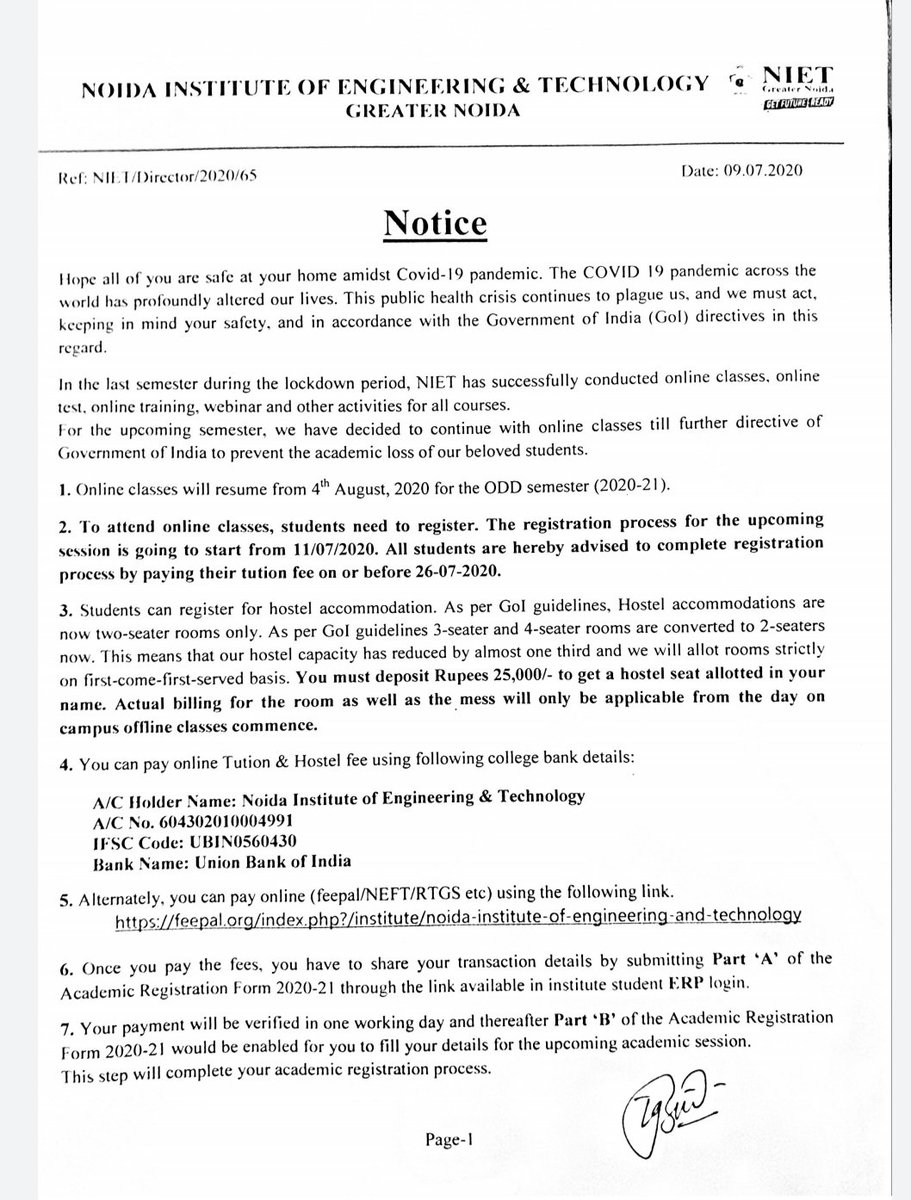 gaurangmudgal13's tweet photo. Can colleges not show a little humanity in these odd circumstances? Taking full fees from students at the time of this pandemic shows the inhumanity of the colleges.
I'm attaching the notices issued by NIET, Greater Noida where they are asking students to pay full fees. https://t.co/y0ZmQDkZi0