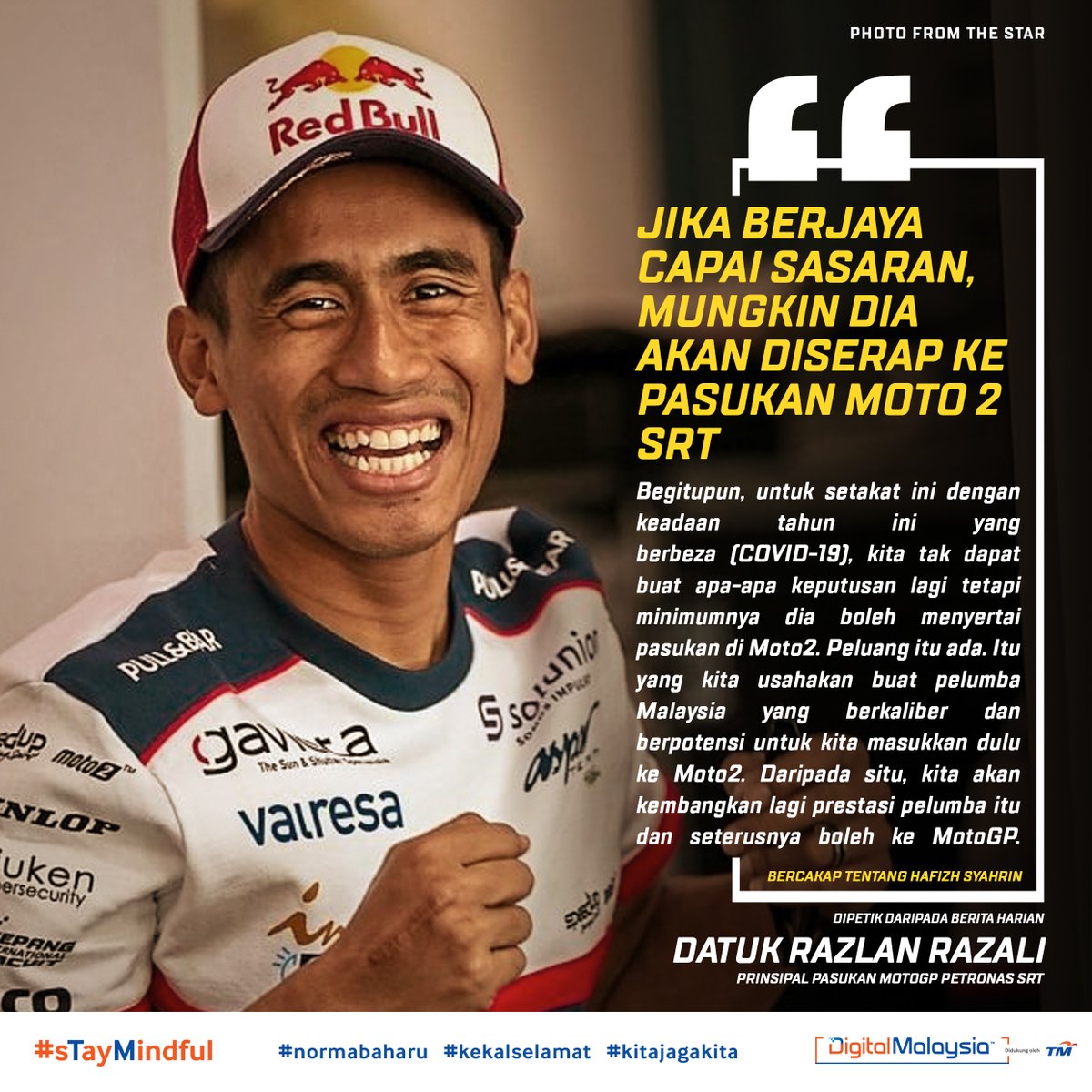 UnifiSports's tweet photo. .@Hafizh_pescao55 π @sepangracing? π
Big hint oleh Datuk Razlan Razali! Sasaran diletakkan buat Hafizh ialah dia perlu menamatkan musim #Moto2 2020 di kelompok lima terbaik keseluruhan. Boleh tu, #BO55KU! #MotoGP #sTayMindful #staysafe #newnormal #RMCO #KamiTeamMalaysia https://t.co/kk9OD9gk5G