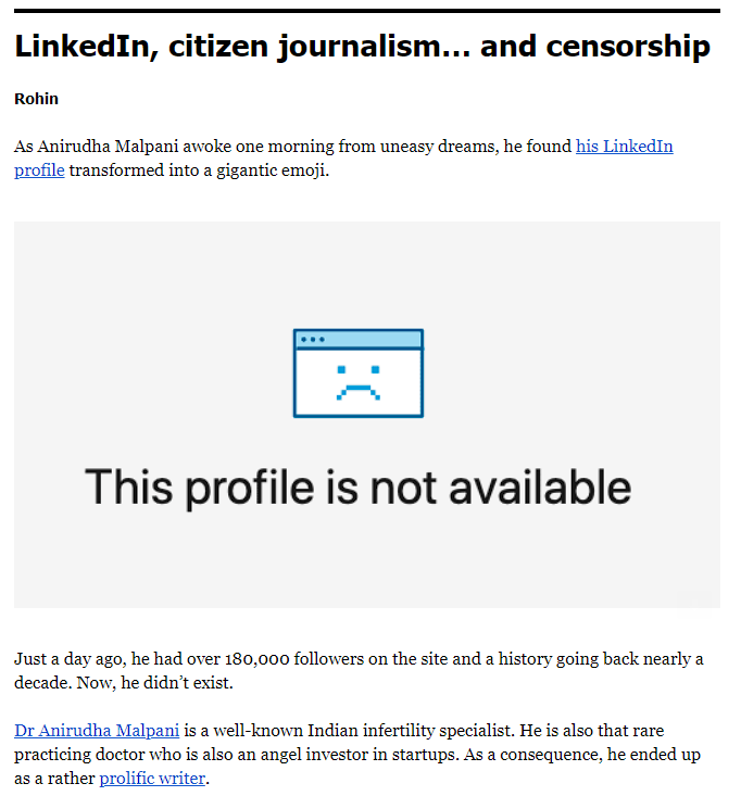 AnishMalpani's tweet photo. Dear @LinkedIn, @TheKenWeb and @r0h1n did a solid take on the permanent restriction of @malpani's LinkedIn account. The least y'all could have done is hear his side out, and have some sort of fair arbitration. This is really sad and disappointing. Hope y'all reconsider! https://t.co/zFbVjTfDal