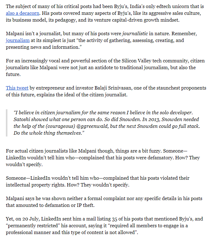 AnishMalpani's tweet photo. Dear @LinkedIn, @TheKenWeb and @r0h1n did a solid take on the permanent restriction of @malpani's LinkedIn account. The least y'all could have done is hear his side out, and have some sort of fair arbitration. This is really sad and disappointing. Hope y'all reconsider! https://t.co/zFbVjTfDal