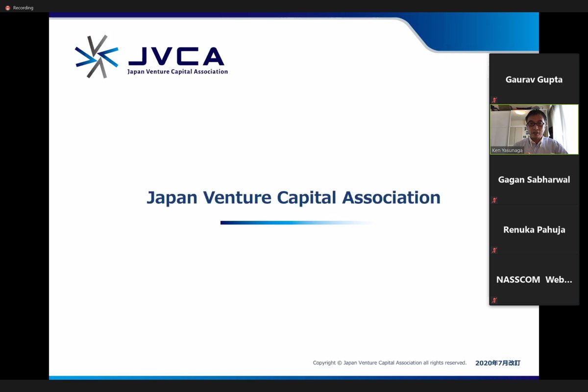 IndianEmbTokyo's tweet photo. NASSCOM #JapanVCConnect 4th virtual session was held in asso. with EOI with 7 start-ups from #Cybersecurity, #Fintech &amp; #Enterprise solutions pitching. It also included a presentation from Mr. Ken Yasunaga from @jvca_jp about Japan's start-up ecosystem &amp; #IndiaJapan possibilities https://t.co/yTwlrT3WP9