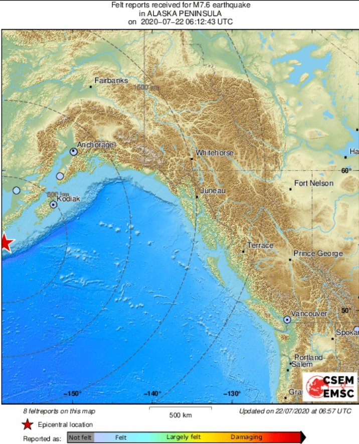  #Earthquake_alert - M7.6,  #Hypocenter: 17 km, ALASKA PENINSULA, Tue 21 Jul 2020 - 22:12:43 UTC-08:00.  #TSUNAMI WARNING!  https://www.emsc-csem.org/Earthquake/earthquake.php?id=878808*RT if you think this information is helpful. Thank you! #UnitedStates  #earthquake  #alert  #warning  #mitigation  #Alaska  #Kodiak