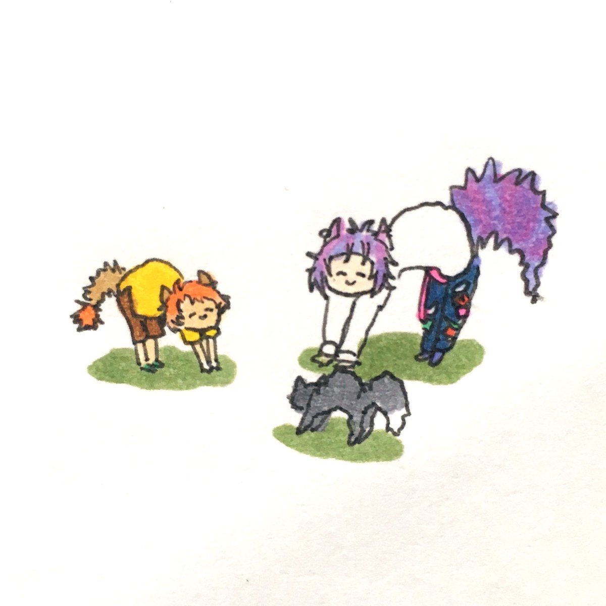 purple hair animal ears tail shirt multiple boys yellow shirt white background  illustration images