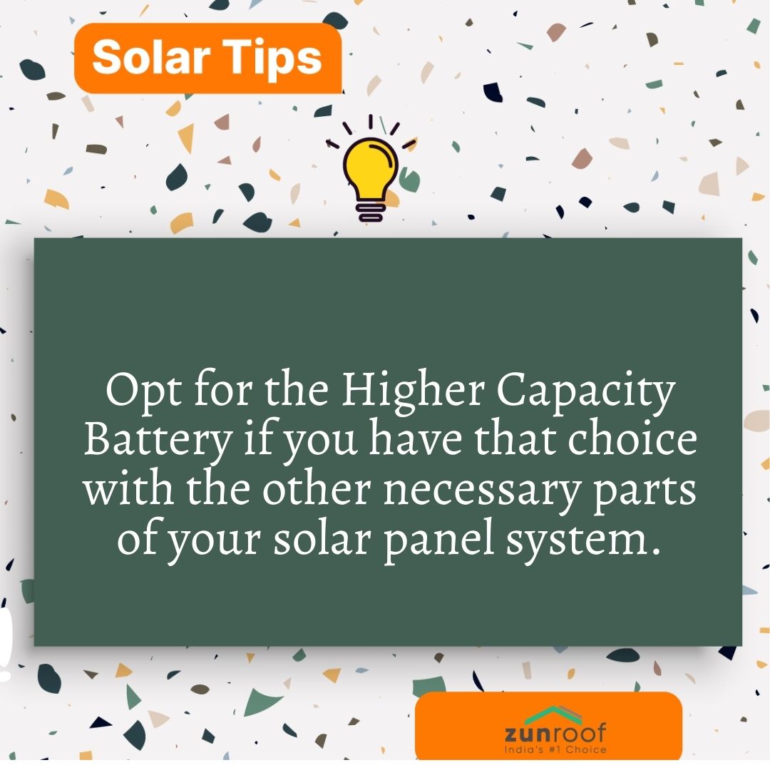ZunRoof's tweet photo. Having higher capacity batteries lets you expand your solar panel system whenever you like to expand it.

#HarGharSolar #HarRoofZunRoof #SolarPower #SolarTip #SolarEnergy #GreenEnergy
#SolarRooftopSystem #ZunRoof #ZunRoofIndia https://t.co/LittRc2gv8
