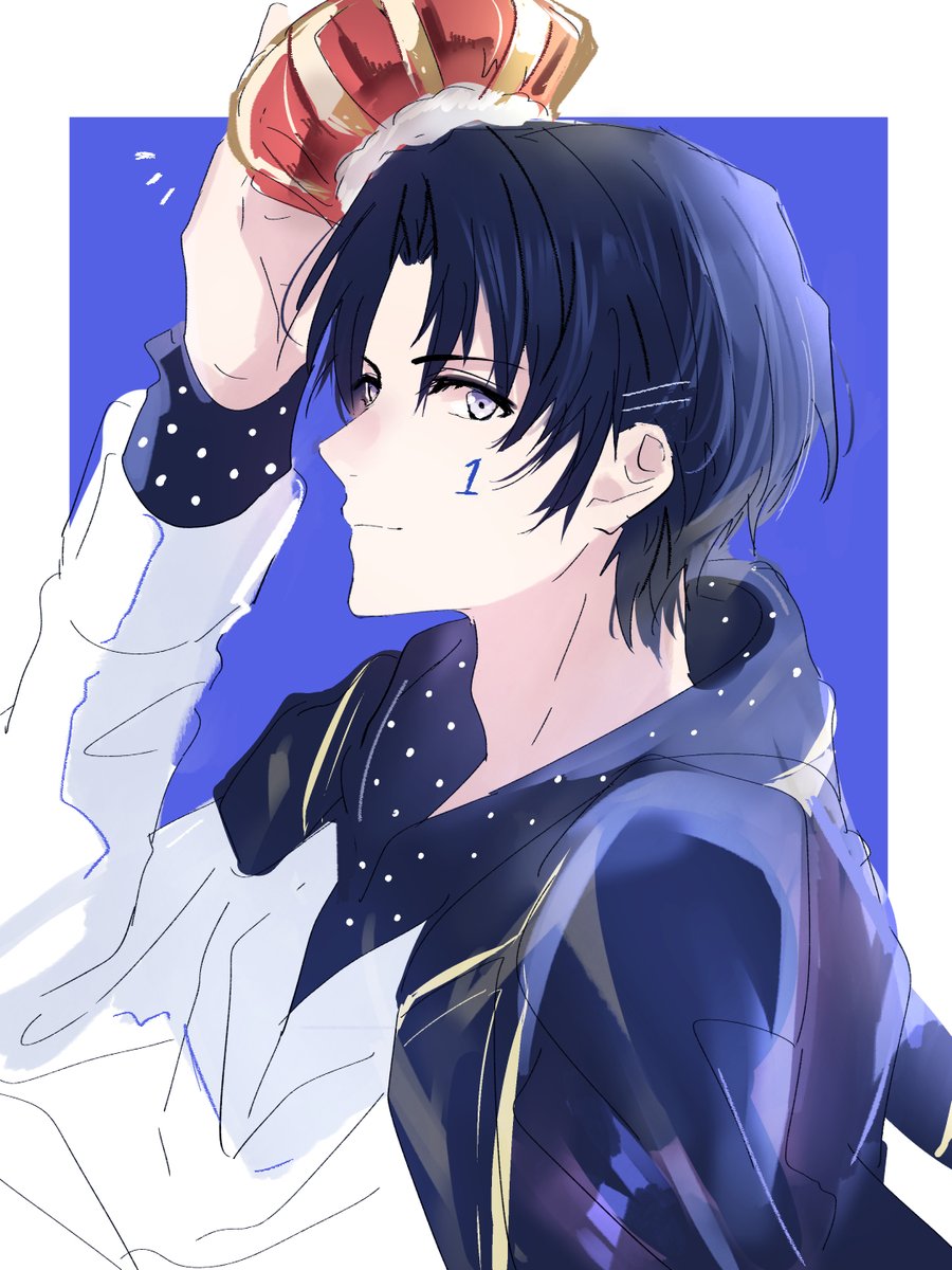 1boy male focus crown solo looking at viewer blue background black hair  illustration images