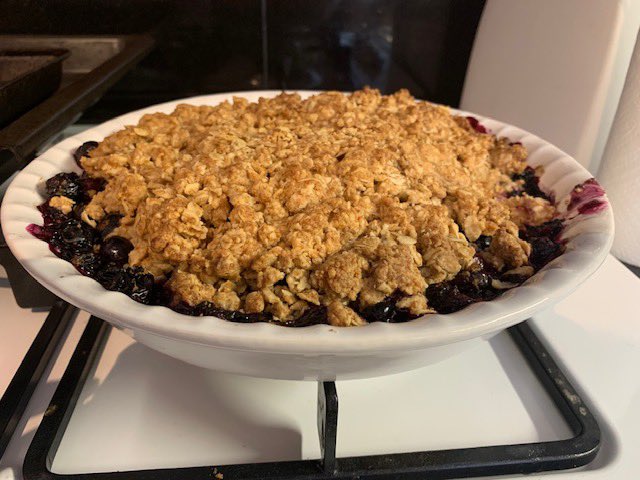 macbird's tweet photo. Blueberry crisp —a touch of New England in my London kitchen.  The blueberries are outstanding here.  Fuel for edits. #lockdownbaking #iamwriting #eatingtoomuch https://t.co/IaB7KVzsCx