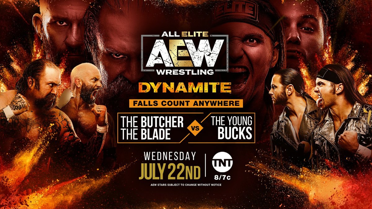 AEW's tweet photo. Tonight on Dynamite - The Butcher &amp; The Blade square off against The @YoungBucks in a Falls Count Anywhere Match!

Watch #AEWDynamite TONIGHT on @TNTDrama 8e/7c or https://t.co/GdI7QAsxEP for our International fans. https://t.co/Hd2WTFwR2n