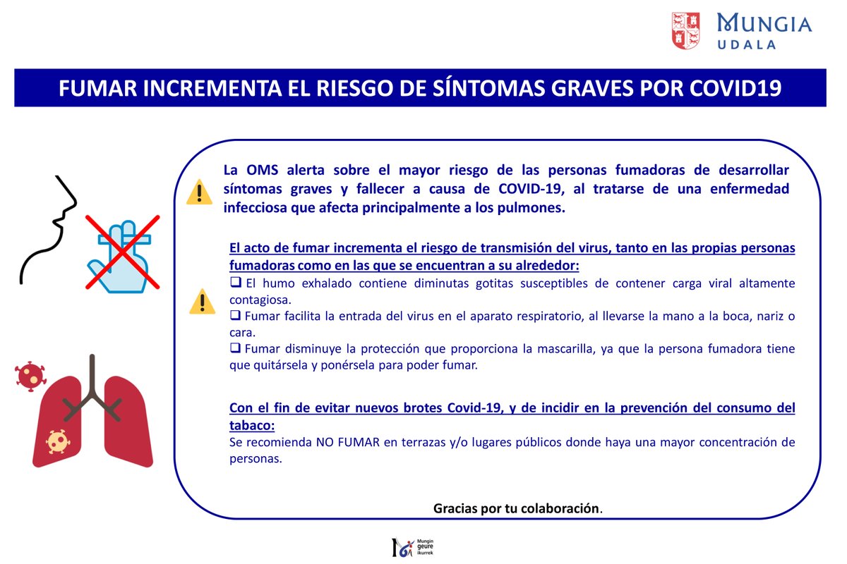 MungiaUdala's tweet photo. #COVID19 #tabakoa #tabaco
⚠️🚬 #Erreteak #Covid19ak eragindako sintoma larriak areagotu leikez:

⚠️🚬 #Fumar incrementa el riesgo de síntomas graves por Covid-19: https://t.co/cAkJ2vUT00
