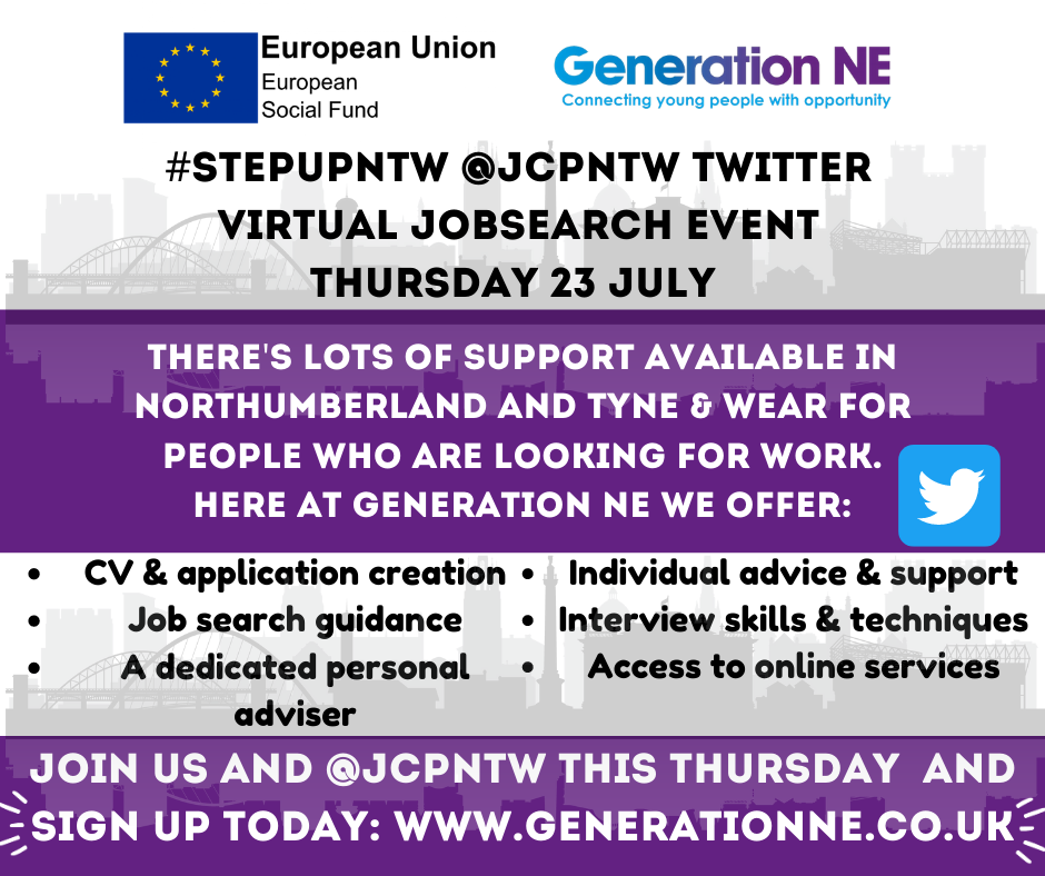 #StepUpNTW on Thursday 23rd July >> Follow @JCPinNTW for information about support available to find employment in Northumberland, Tyne and Wear #Employment #Jobs #JobSearch @NewcastleFuture