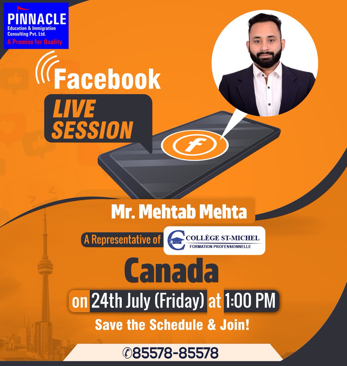 PinnacleEducat4's tweet image. To throw light on various career-oriented possibilities offered by #StMichelCollege of Canada, Representative Mr. Mehtab Mehta will commence #FacebookLiveSession on July 24, 2020, at 1:00 PM.
Don't forget to attend!

#PinnacleEducationAndImmigrationConsultingPvtLtd
8557885578