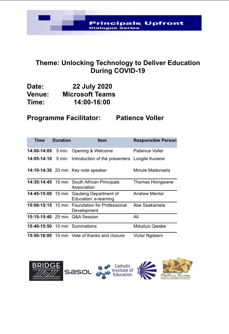 BridgeProjectSA's tweet photo. We are having our #PrincipalsUpfront virtual Dialogue on Microsoft Teams. This is in partnership with @mgslg1 @CathEducation and @SasolSA https://t.co/Bw2S5f1Tcf