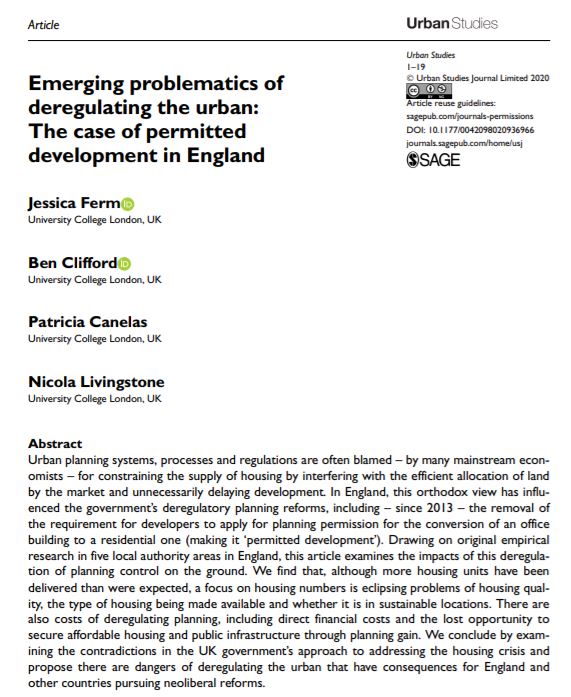USJ_online's tweet photo. New paper by @jess_ferm, @DrBenClifford, @CanelasPatricia and Nicola Livingstone: 'Emerging problematics of #deregulating the urban: the case of permitted development in England' https://t.co/KPd3acxUhA https://t.co/7c5we6lwne