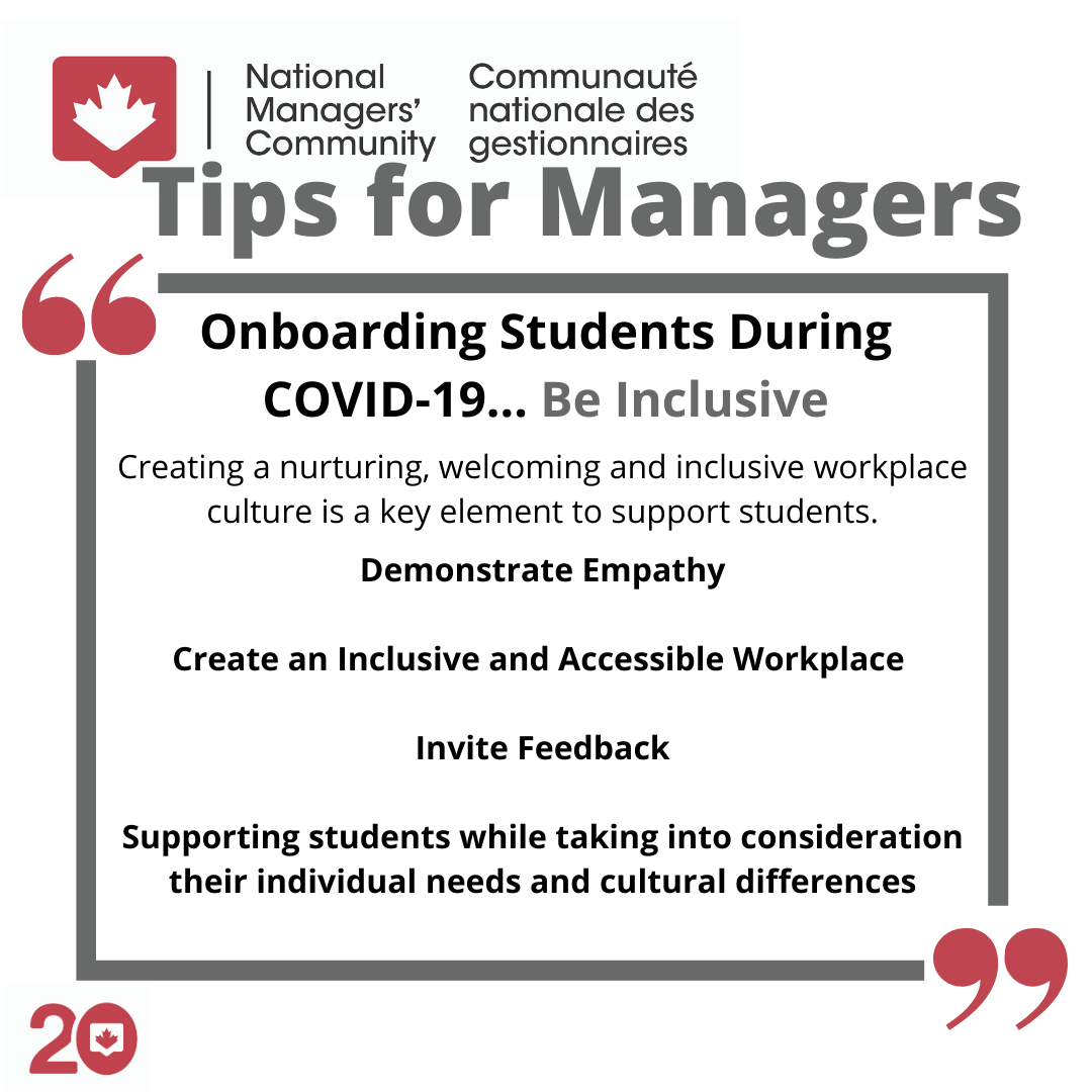 NMC_CNG's tweet photo. Here’s a #TipsforManagers on how to be inclusive while onboarding students during COVID-19. It's from an interim guide developed to help managers navigate virtual onboarding in the current environment: https://t.co/FaAbqlfyLe
@BeyondGC2020
@TBS_Canada https://t.co/QGot2K6I1a