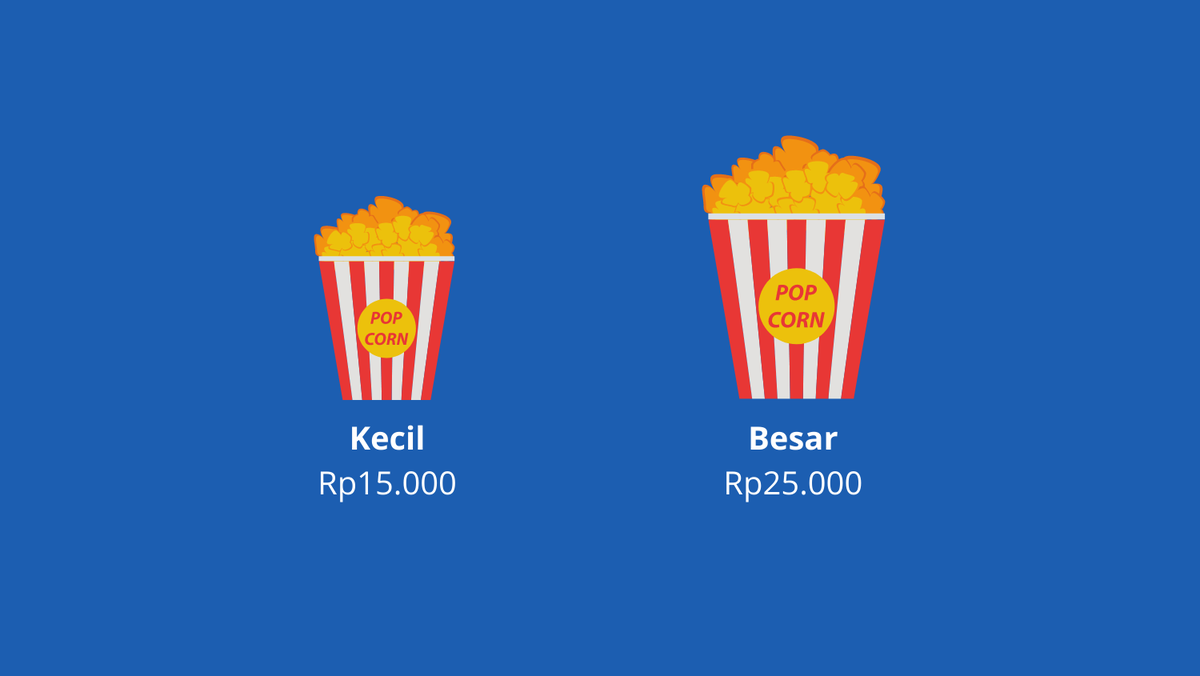 Seandainya kamu mau beli popcorn dengan 2 varian ukuran:• Popcorn ukuran kecil harganya Rp15.000• Popcorn ukuran besar harganya Rp25.000Mungkin, seperti kebanyakan orang, kamu bakal milih popcorn yang kecil karena popcorn besar kemahalan