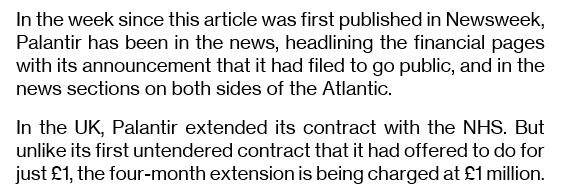 41/. The article is an updated version of the one published 10 days ago.Since then, Palantir has been in the news, with its announcement that it had filed to go public & with controversial developments around its multi-million $  #COVID19 work with the NHS in UK & the HHS in US.